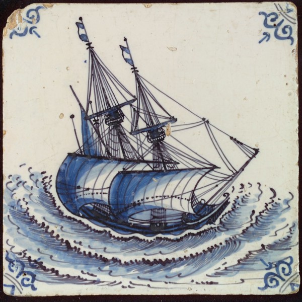 Scene tile, three-master in heavy storm, corner motif of ox's head, wall tile tile sculpture ceramic earthenware glaze, baked 2x
