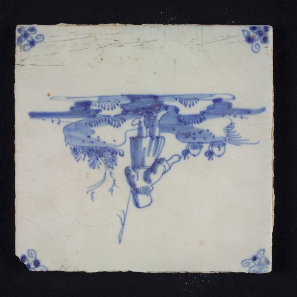 Figure tile, blue with landscape with shepherd seen on the back, corner pattern spider, wall tile tile sculpture ceramic