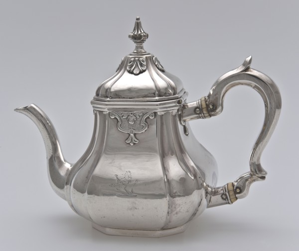 Silver teapot, teapot tableware holder silver ivory, molded appliqué engraved Pear shaped body and hinged bell-shaped lid