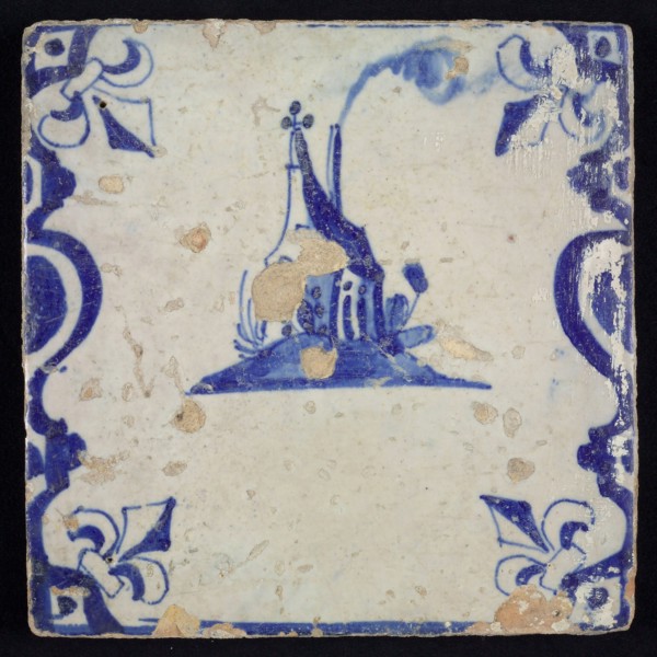 Scene tile, blue with landscape with cottage with wind vane and plume of smoke, between balusters, corner motif lily, wall tile