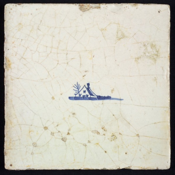 Scene tile, blue with sketch of house, no corner motif, wall tile tile sculpture ceramic earthenware glaze, baked 2x glazed