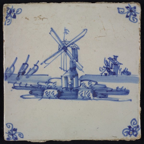 Scene tile, blue with landscape with stand mill, corner motif spider, wall tile tile sculpture ceramic earthenware glaze, baked