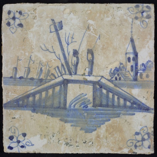 Scene tile, blue with landscape with bridge with two fishermen, corner pattern spider, wall tile tile sculpture ceramic
