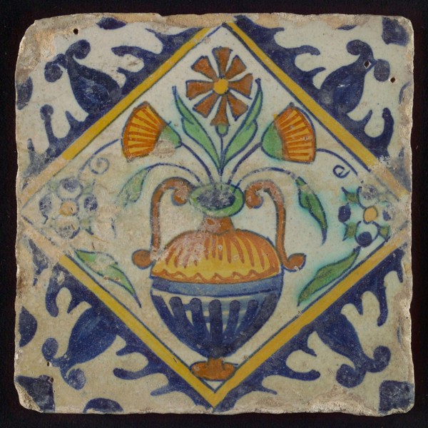 Flower tile, flowerpot in square, corner pattern palmet, wall tile tile sculpture ceramic earthenware glaze, baked 2x glazed