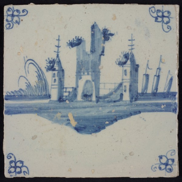 Scene tile, blue with landscape with castle ruin, corner pattern spider, wall tile tile sculpture ceramic earthenware glaze