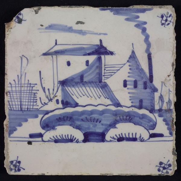 Scene tile, blue with landscape with house with shed, corner motif spider, wall tile tile sculpture ceramic earthenware glaze