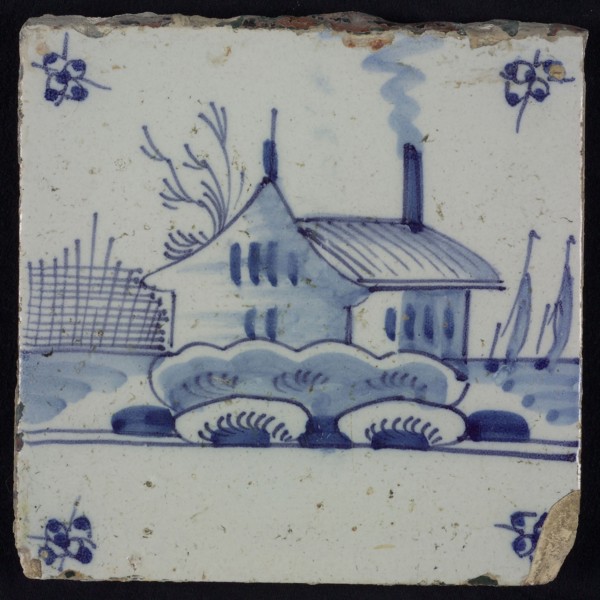 Scene tile, blue with landscape with house and barn, corner motif spider, wall tile tile sculpture ceramic earthenware glaze