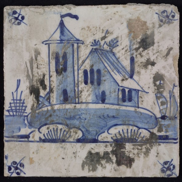 Scene tile, blue with landscape with house with tower, corner pattern spider, wall tile tile sculpture ceramic earthenware glaze