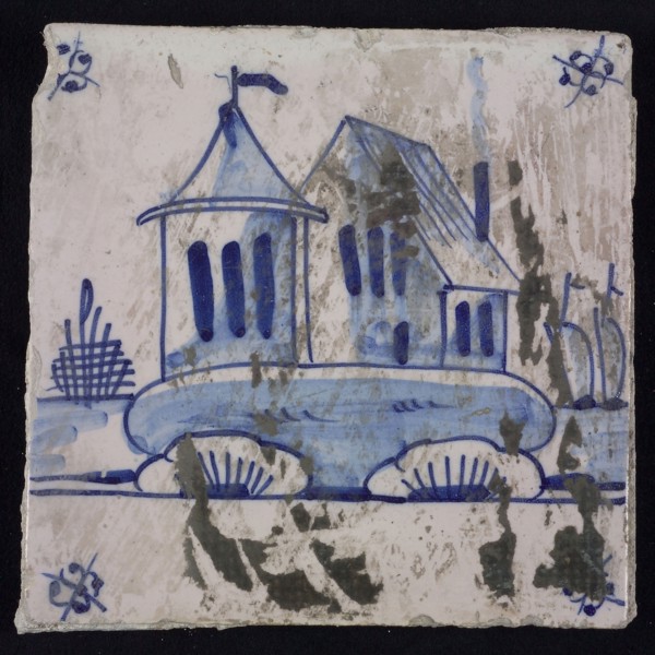 Scene tile, blue with landscape with house with tower, corner pattern spider, wall tile tile sculpture ceramic earthenware glaze