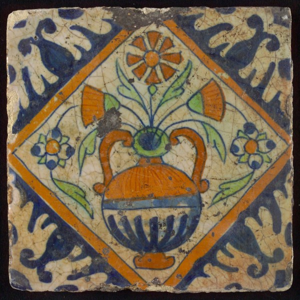Flower tile, flowerpot in square, corner pattern palmet, wall tile tile sculpture ceramic earthenware glaze, baked 2x glazed