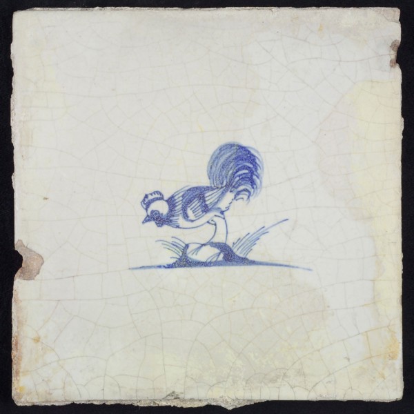 Animal tile, bird on ground to the left, in blue on white, without corner motif, wall tile tile sculpture ceramic earthenware