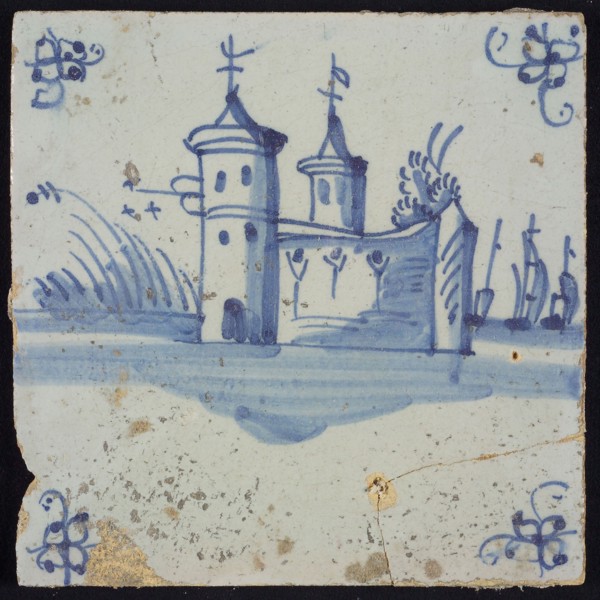 Scene tile, blue with landscape with castle with round pointed towers, corner pattern spider, wall tile tile sculpture ceramic