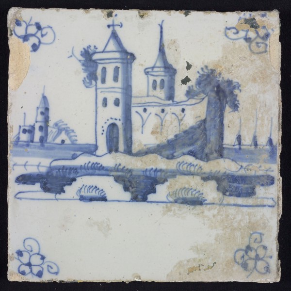 Scene tile, blue with landscape with castle with round pointed towers, corner pattern spider, wall tile tile sculpture ceramic