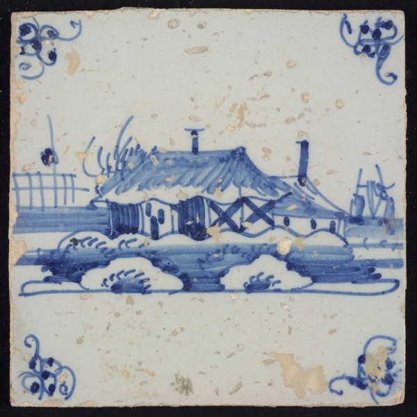 Scene tile, blue with landscape with farm, corner motif spider, wall tile tile sculpture ceramic earthenware glaze, baked 2x