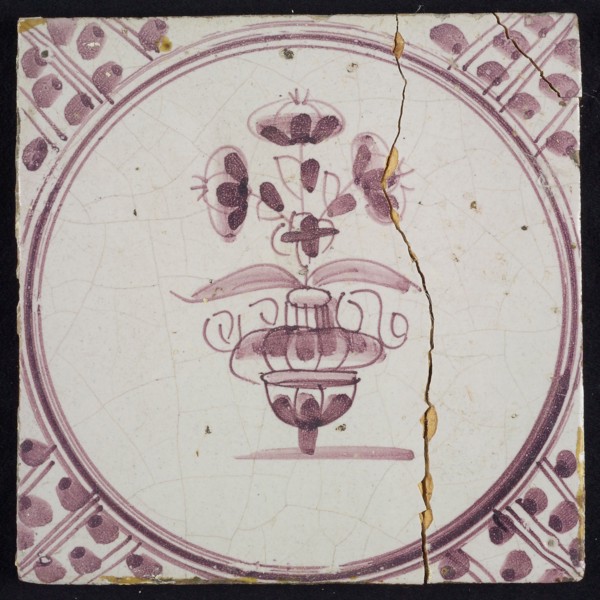 Flowerpot, in purple on white, small flowerpot inside circle, corner pattern meanders, wall tile tile sculpture ceramic