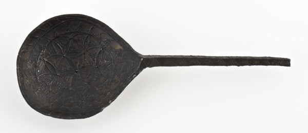 Small pewter spoon, drop-shaped bowl and square stem, decorated whole spoon in relief, spoon cutlery soil find tin metal