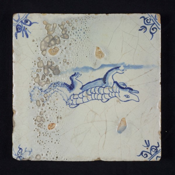 Animal tile, blue on white, crocodile, corner motif ox's head, baking error, wall tile tile sculpture ceramic earthenware glaze