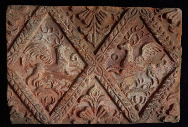Hearthstone, from Antwerp Belgium, without frame, with winged deer in glass, hearth fireplace part ceramics brick glaze, baked