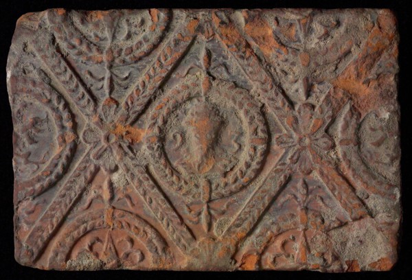 Hearthstone, from Antwerp Belgium, without frame, with male head, hearth fireplace part ceramic brick, baked Hearth stone