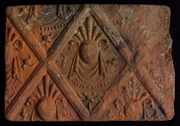 Hearthstone, from Antwerp Belgium, without frame, with mascaron, hearth fireplace component ceramics brick, baked Hearth stone