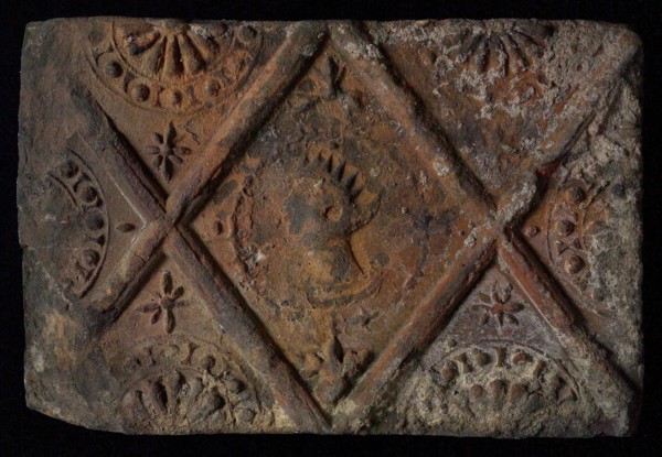 Hearthstone, from Antwerp Belgium, without frame, with crowned male head, hearth fireplace component ceramics brick, baked