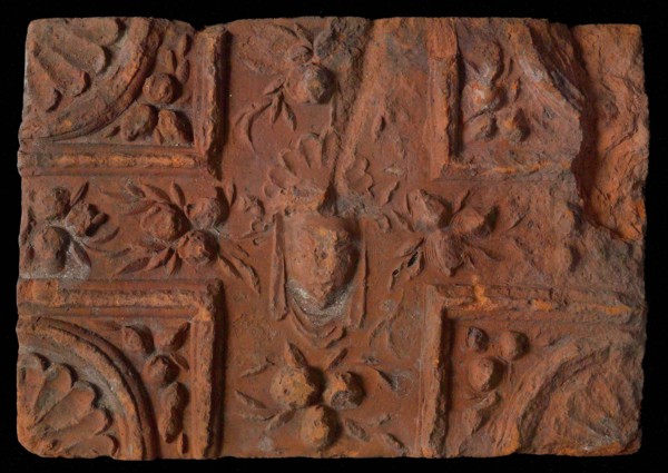 Hearthstone, from Antwerp Belgium, without frame, with mascaron, fire stone fireplace component ceramics brick, baked Hearth