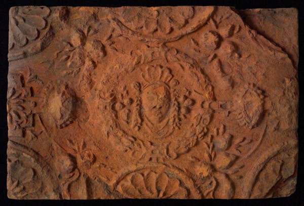 Hearthstone, from Antwerp Belgium, without frame, with mascaron, fireplace stone component ceramics brick, baked Hearth stone
