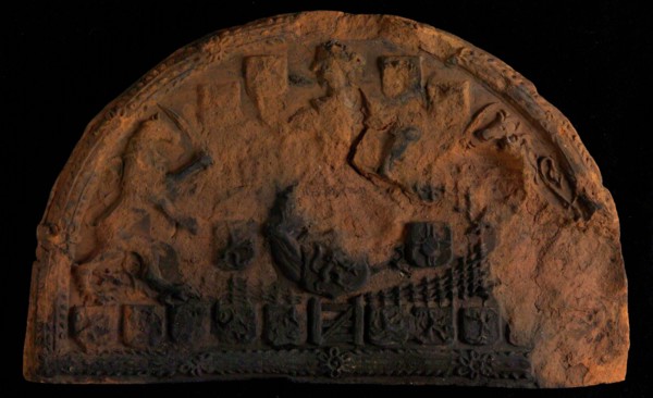 Hearthstone, capstone, with Dutch lion in Dutch garden, fireplace stone fireplace component ceramic brick, fried Hearth stone