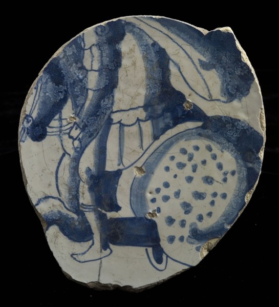 Fragment majolica plate, blue on white, rider on fungus, plate dish crockery holder soil find ceramic earthenware glaze, baked