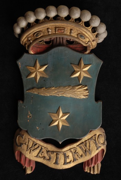 Carved wooden crowned coat of arms including the name G. Westerwyck, coat of arms information form carvings sculpture footage