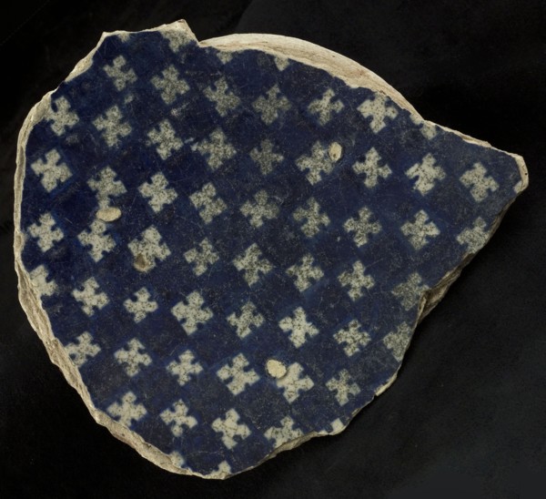 Fragment majolica plate, blue on white, chessplate decor, plate crockery holder soil find ceramic earthenware glaze, baked