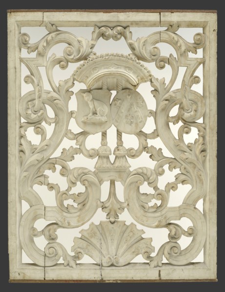 Cutting frame with two weapons under crown surrounded by curly ornaments, cutting window toplight carvings sculpture footage