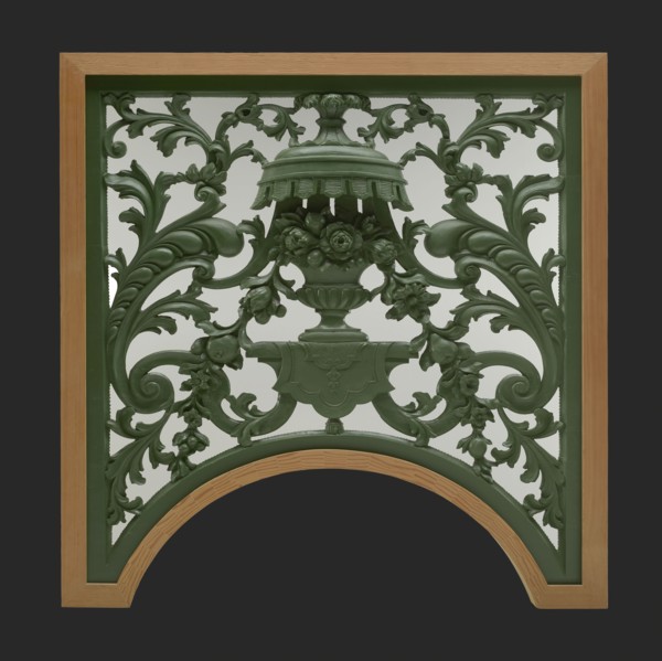 Skylight with carved vase of flowers and leaf motifs, coming from the portal, cutting window surface light wood carving