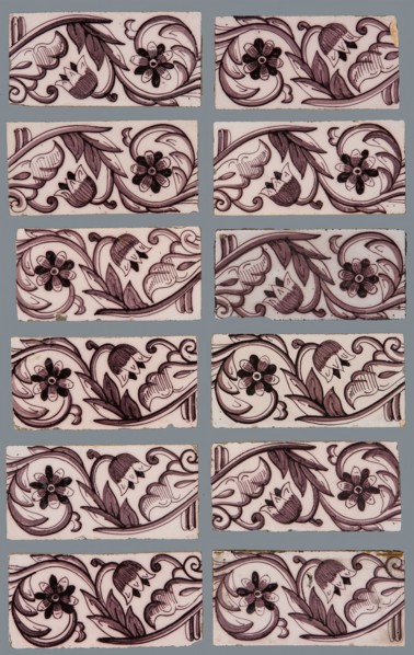 Twelve purple borders, with flowers, edge tile wall tile tile sculpture ceramics earthenware glaze, baked 2x glazed painted