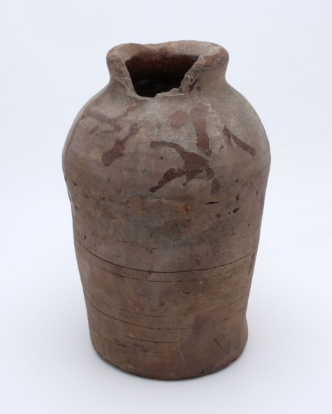 Pottery pot on stand, cylindrical with small neck opening, used in sugar production, sugar pot pot holder earth discovery