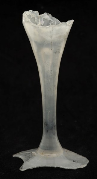 Fragments of three drinking glasses smooth round stem, conical and hexagonal stem, round base, glass soil find glass, blown