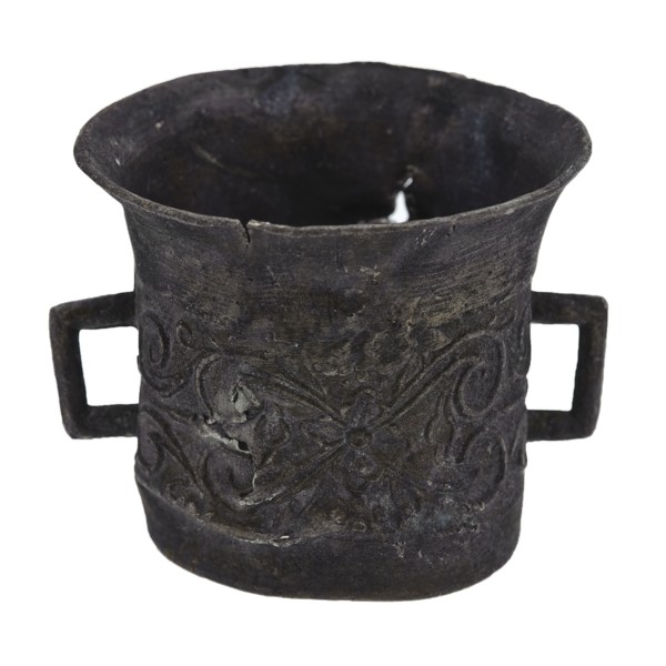 Tin toy mortar, with frieze on the outside with curling, auger equipment toy relaxant miniature ground find tin metal, cast Toy