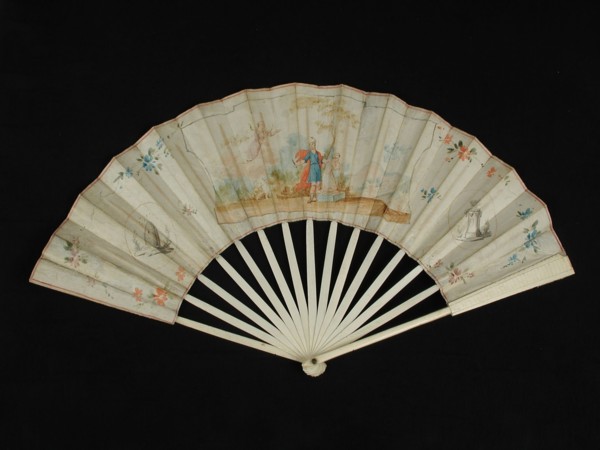 Folding fan with bone frame and multicolored painted paper cover and back cover with biblical representation, church fan folding