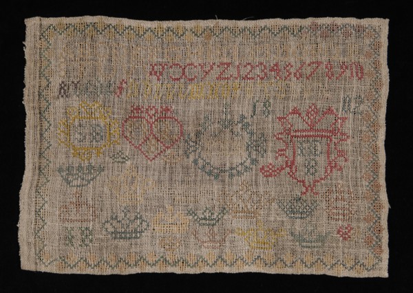 Sampler worked in cross-stitch in colored silk on loosely untreated linen, marked SB IEB 1802, sampler embroidery needlework