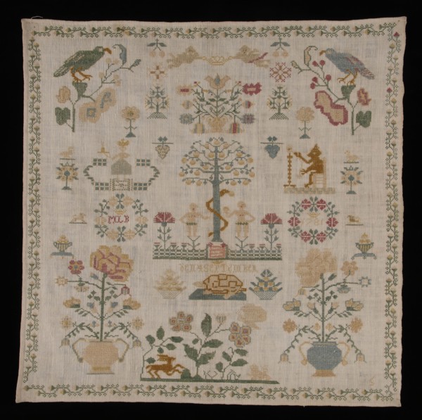 Brand patch worked in cross stitch in colored silk on cream cotton with linen effect, marked MLB 1781, sampler embroidery