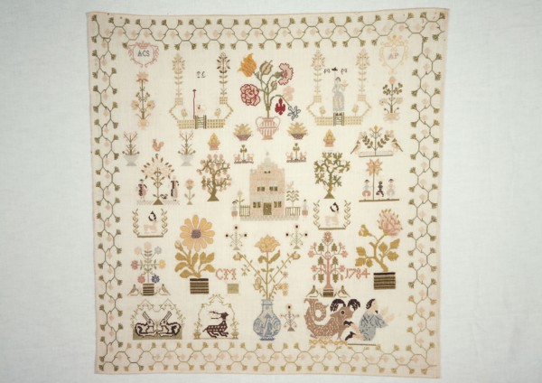 Sampler worked in cross-stitch in colored silk on fine cream-colored cotton with linen effect, marked CM 1784 ACS AP, sampler