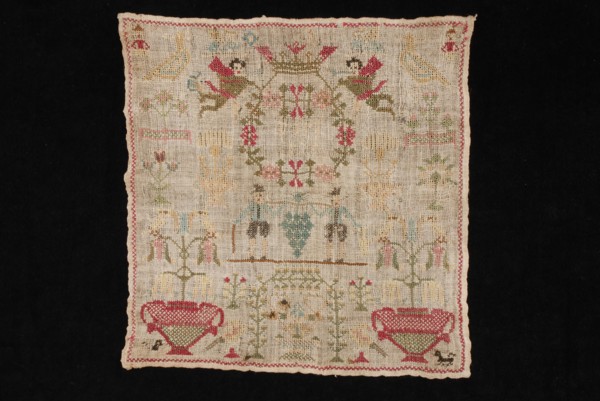 Sampler worked in cross stitch in colored silk on unbleached loosely woven linen, marked FSM 1805, sampler embroidery needlework