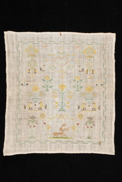 CDV, Sampler, worked in colored silk in cross stitch and star stitch on cream colored linen, marked CDV 1807, sampler embroidery