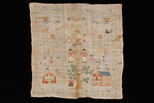 Sampler worked in cross stitch in colored silk on loosely woven unbleached linen, marked IK 1804, sampler embroidery needlework