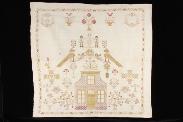 Unfinished sampler worked in cross stitch in colored silk on white cotton with matting binding, marked AVV, sampler embroidery
