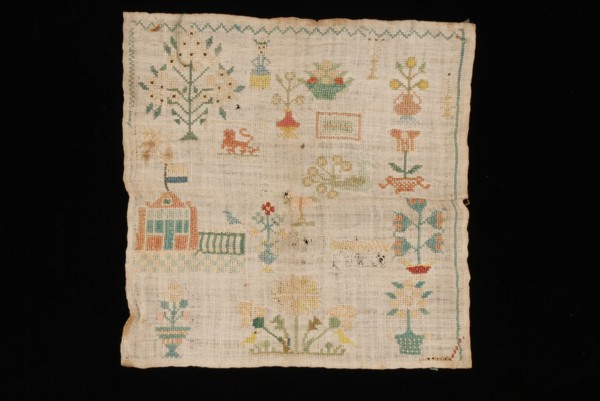 Small square sampler worked in cross stitch in colored silk on coarsely bleached linen, sampler embroidery needlework images