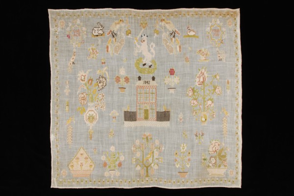 Sampler worked in cross stitch in colored silk on finely woven white linen gauze, marked 1842, sampler embroidery needlework
