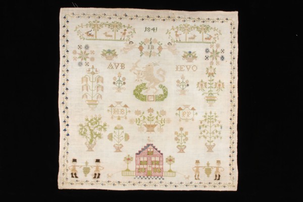 Sampler worked in cross stitch in colored silk on white cotton with linen effect, marked 1841 IB, sampler embroidery needlework