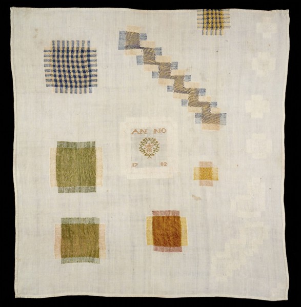Darning sampler worked in colored silk and white linen on fine white linen, marked IB ANNO 1702, exercise, stoppage needlework