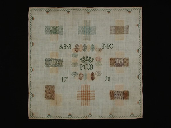 Darning sampler worked in colored silk on unbleached cotton with linen effect, marked Anno 1798 MVB, stoplap needlework footage